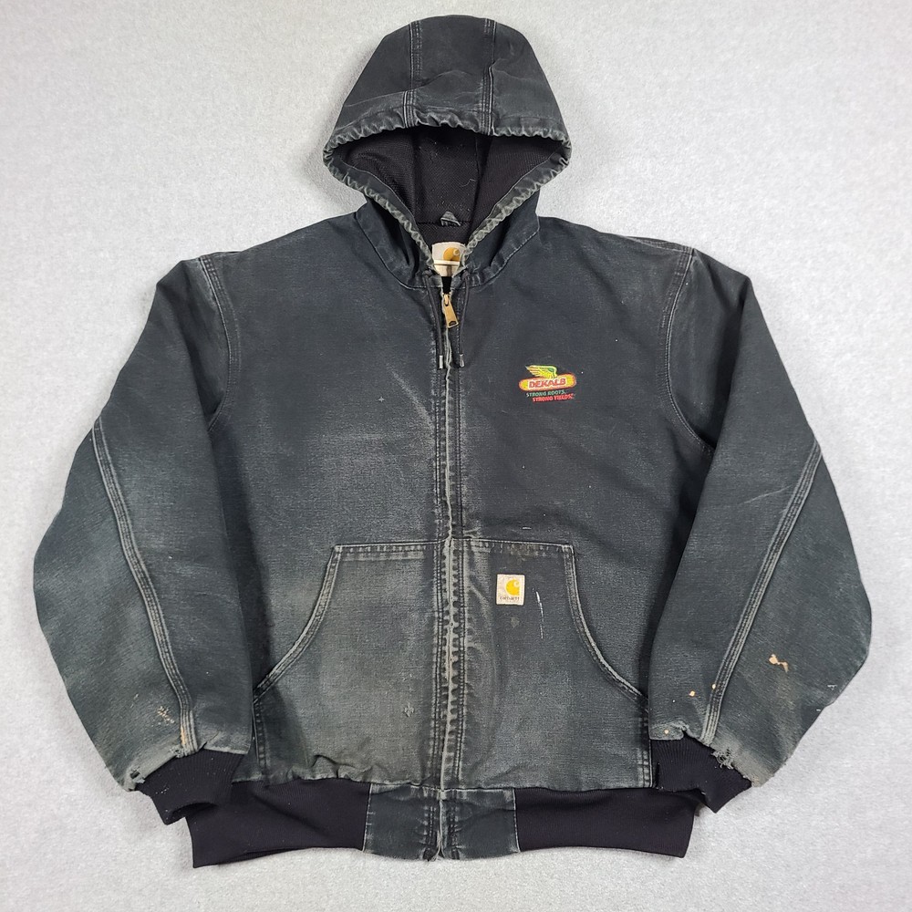 Vintage Carhartt JR105 Hooded Jacket Men's XL Black Thermal Lined Distressed USA Made