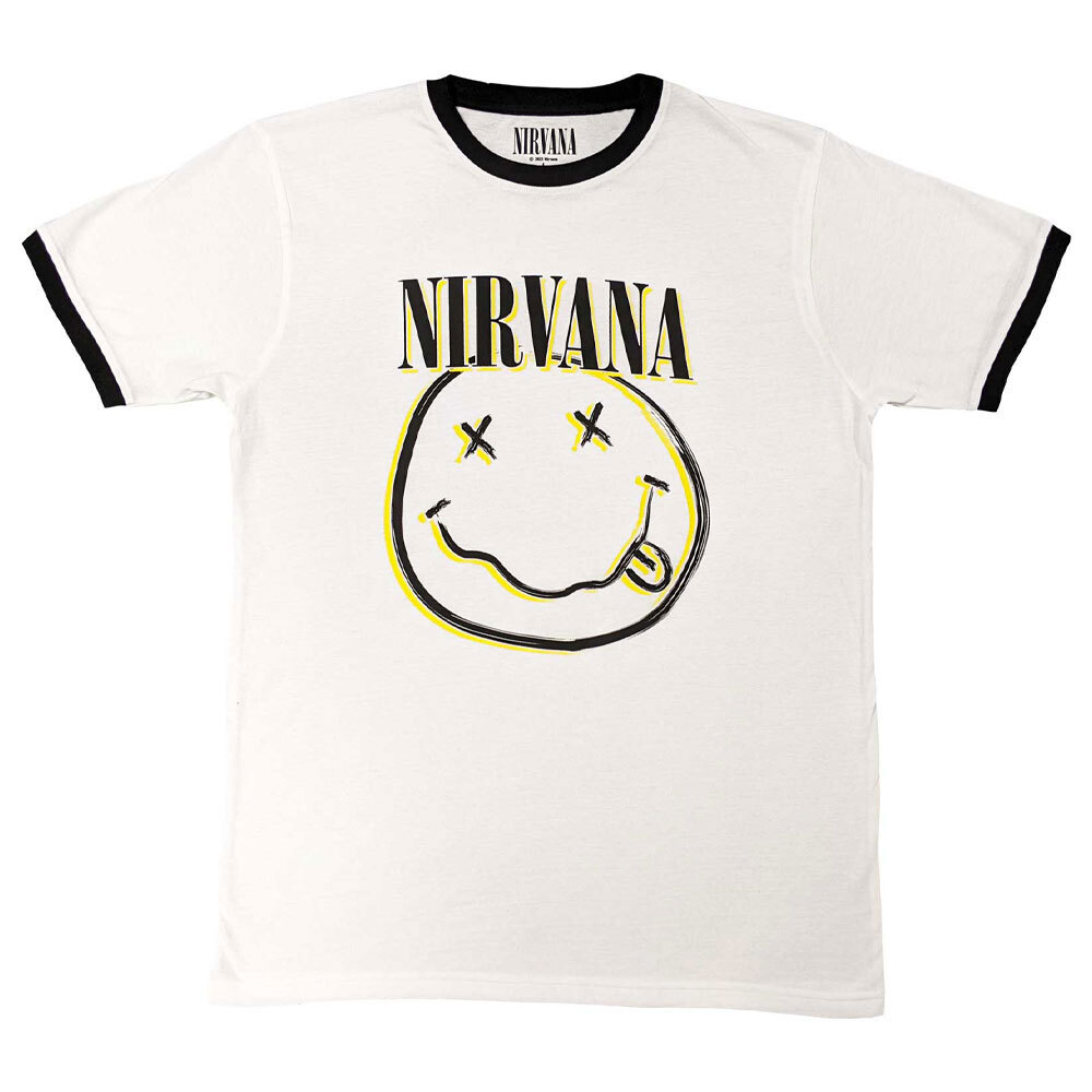 Nirvana Double Smile Band Logo Ringer T-Shirt Official Unisex White