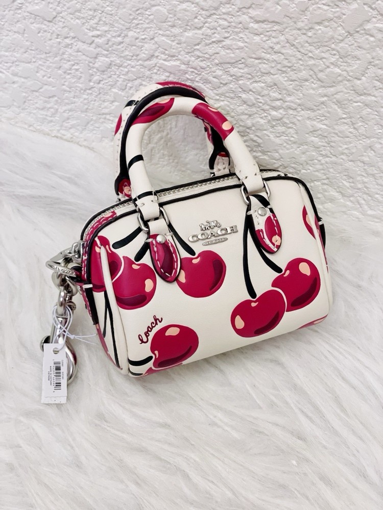 Coach Mini Rowan Bag Charm in Silver/Chalk with Cherry Print NWT