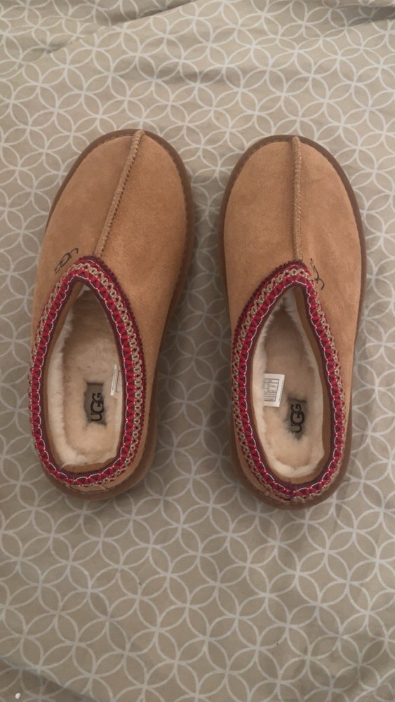 UGG Women's Slip-On Suede Shearling Slippers Brown with Red Patterned Trim
