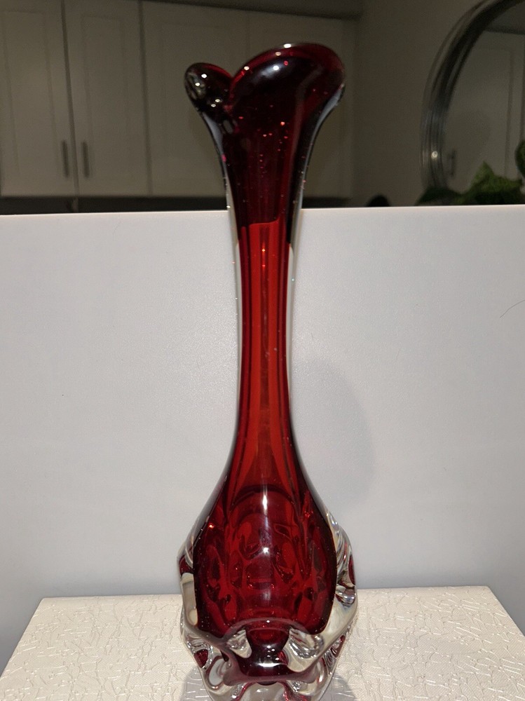Vintage Ruby Red Swedish Swung Glass Vase W/ Dimpled Base 10 1/2”