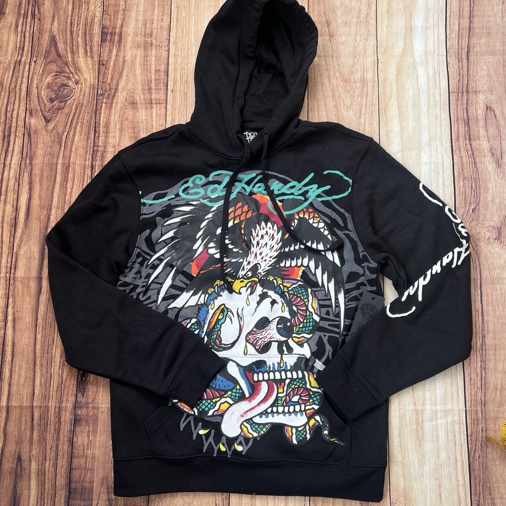 ED Hardy Mens Small Black Skull Eagle Fleece Hoodie Streetwear Y2K Style
