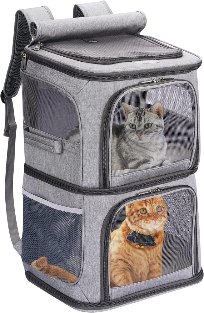 2-in-1 Double Pet Carrier Backpack for Small Cats and Dogs in Large Grey Size