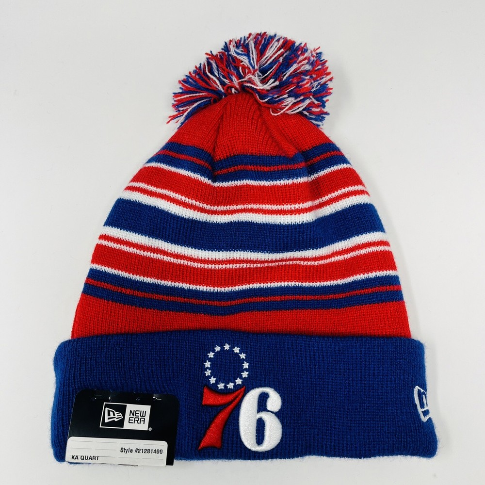 NEW ERA NBA Philadelphia 76ers Mens Pom Cuffed Beanie Toboggan Striped Hat Cap
