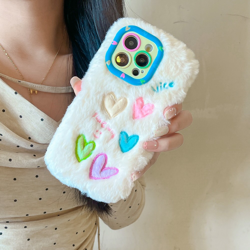 Fur Fluffy Plush Cute Girl Phone Stand Case For iPhone 16 15 14 13 12 11 Pro Max