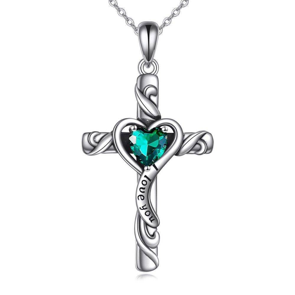 Cross Necklace 925 Sterling Silver Birthstone Cross Pendant May Birthstone He...
