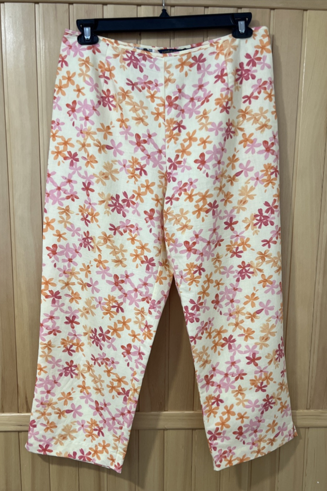 E-col-o-gie Capri Floral 100% Irish Linen Cropped Pants With Side Zip Women’s 14