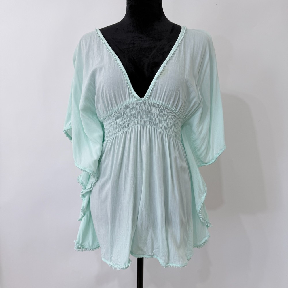 Victoria's Secret Beach Cover Up Tunic Top Small Seafoam Green Pom Pom Trim Boho