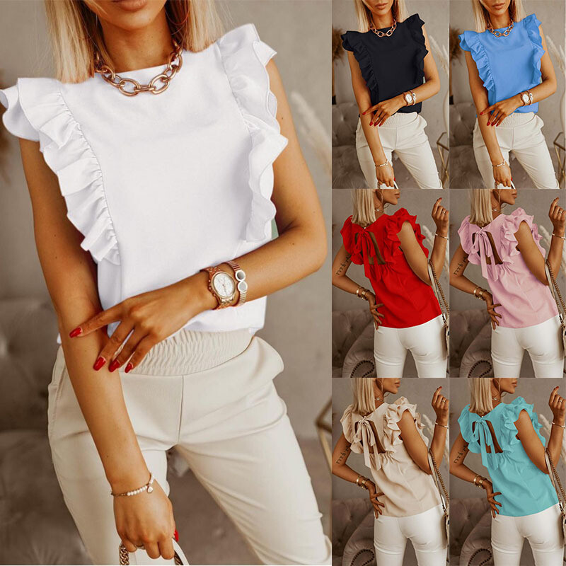 Women's Ruffle Sleeveless Vest T Shirt Ladies Summer Frill Cami Tank Tops Blouse