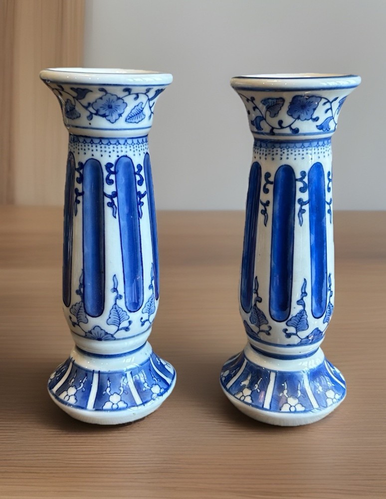 Vintage Chinoiserie Blue and White Ceramic Candlesticks•Pedestal Candle Holders