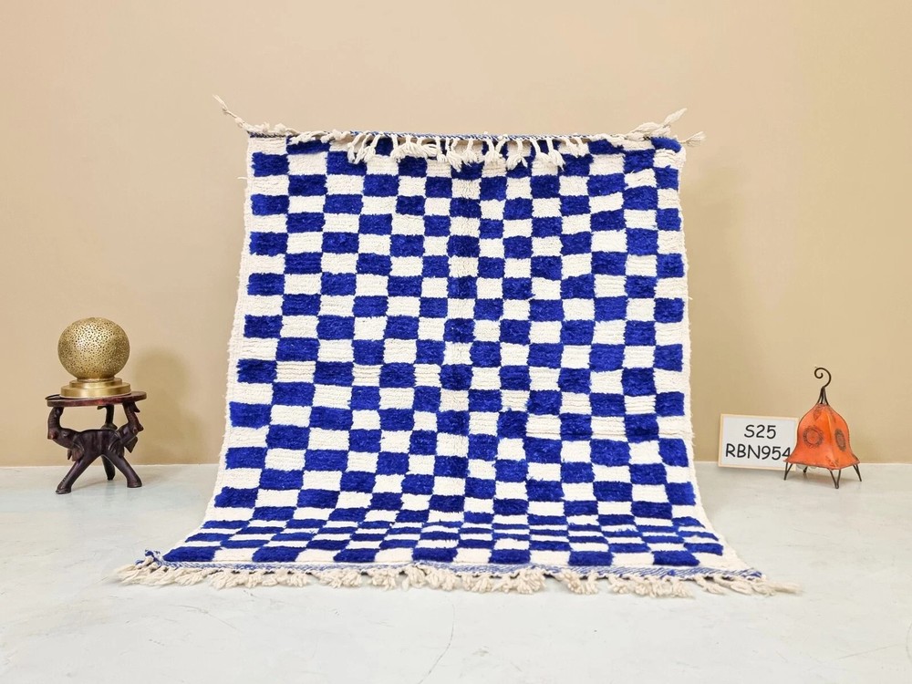 Luxury Custom Moroccan Berber Wool Rug Color Blue & White Handmade Carpet Rug