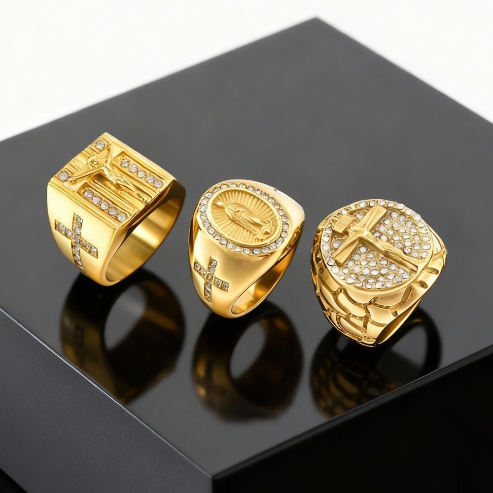 18k Gold Mens Ring Religious Jesus Cross Signet Jewellery Statement Band Crystal