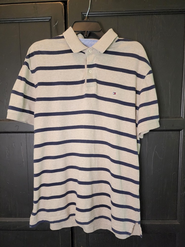 Tommy Hilfiger Custom Fit Gray/Navy Striped Polo Shirt Men's Large Pre-owned