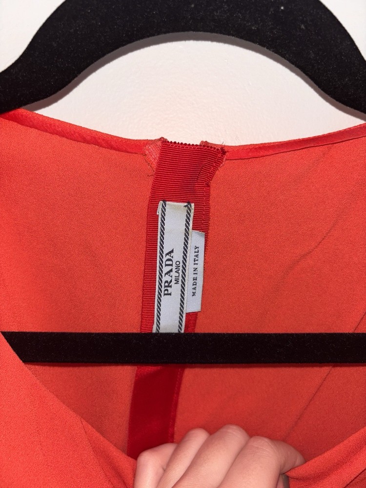 PRADA Red Bow Accent Sleeveless Boat Neck Blouse with Zipper for Women