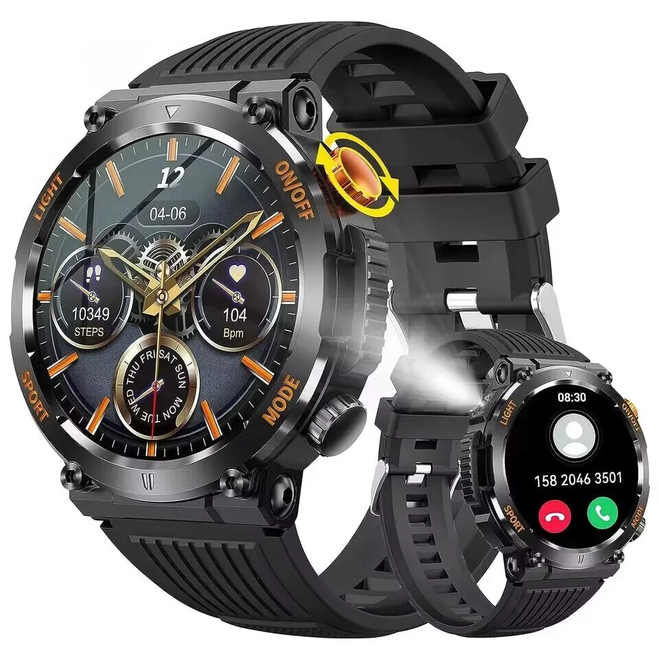 2024 Newest Rugged Smartwatch with Flashlight Waterproof Fitness Tracker for Outdoor Activities