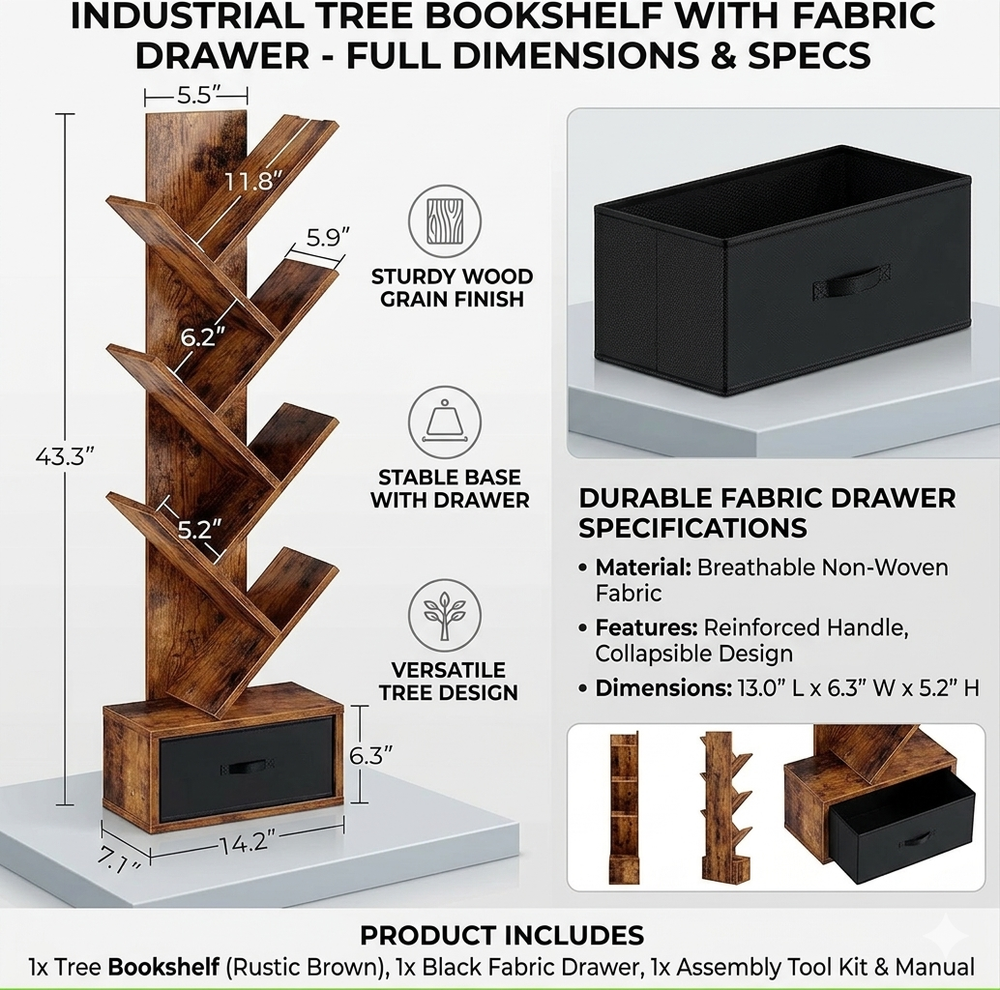Wooden Tree Bookshelf 7 Tier Bookcase Floor Standing Display Storage Shelf Drawe