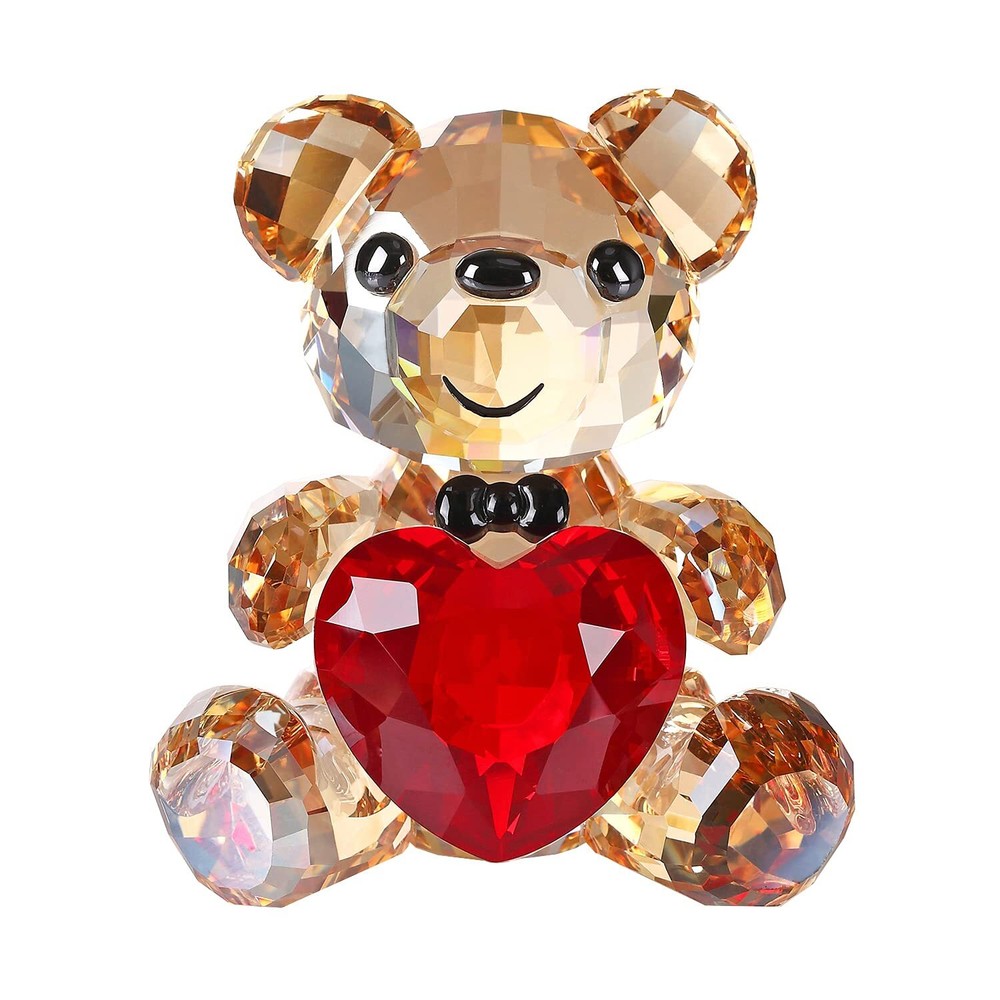 Crystal Teddy Bear Figurine with Red Heart - Valentines Day Gift for Her