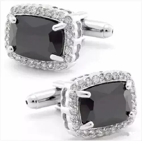 14K White Gold Plated 4Ct Cushion Cut Lab Created Black Diamond Men's Cufflinks