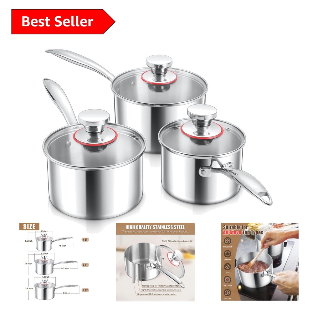 Durable 18/10 Stainless Steel Cookware - Induction-Ready Saucepan Set of 3