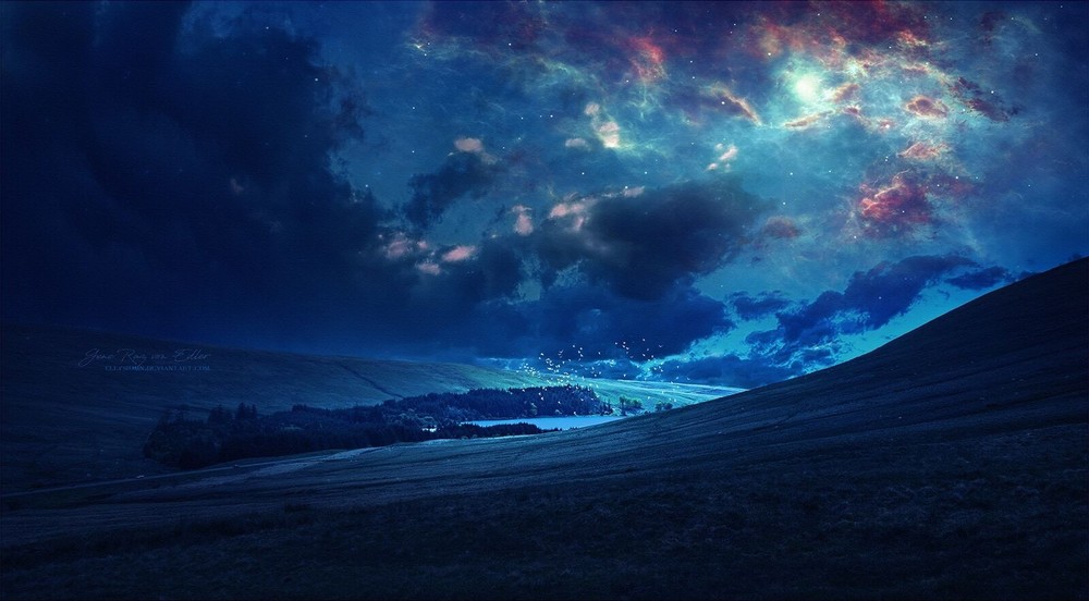 Playmat Desk Mat Anime landscape clouds field grass lake night cyan Play