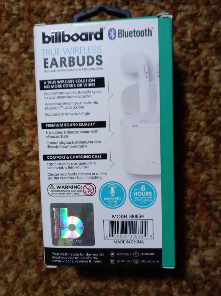 BILLBOARD BB1834 Wireless Stereo Earbuds with Bluetooth Connectivity