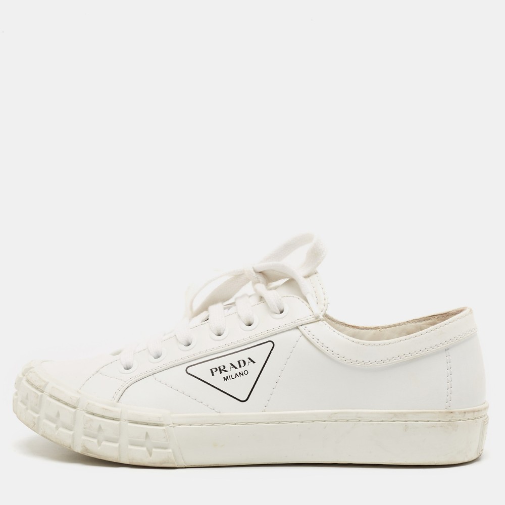 Prada White Leather Cassetta Wheel Sneakers Size 40.5 EU