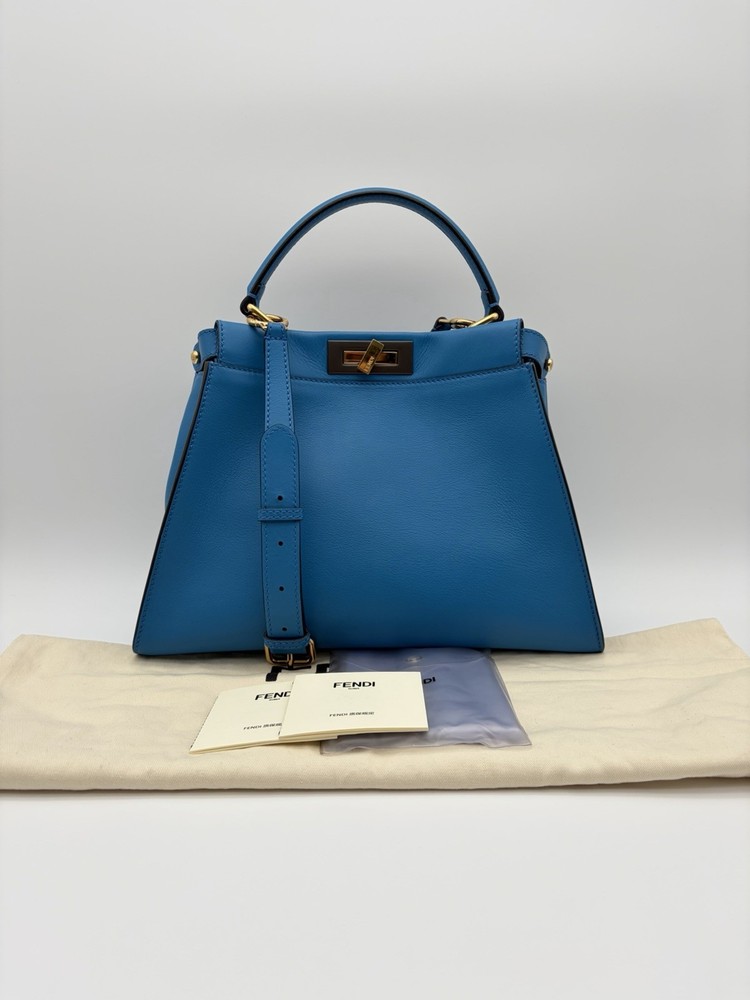 Fendi Peekaboo Vitello Seta Medium Satchel Leather Blue PM25040969