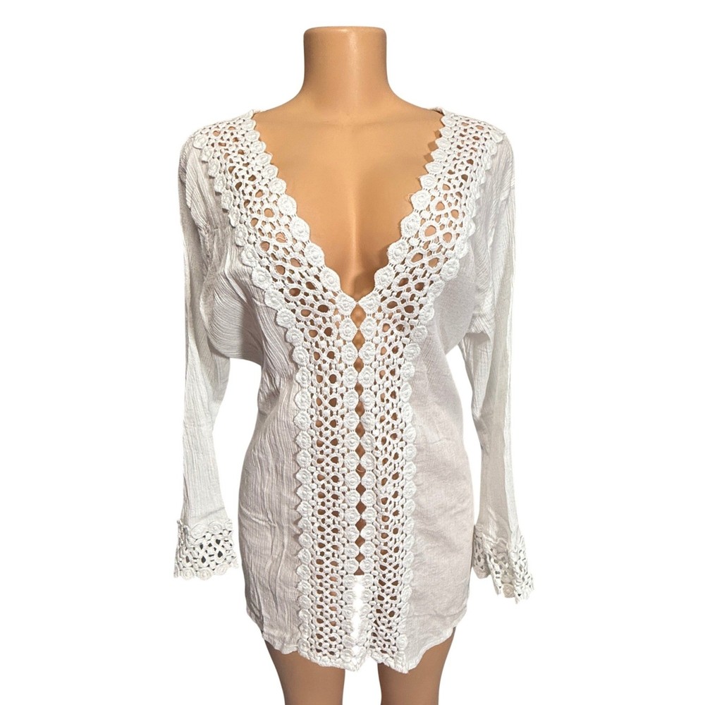 Venus White Crochet Lace V-Neck Gauze Swim Cover Up Tunic Boho Beach Top XL