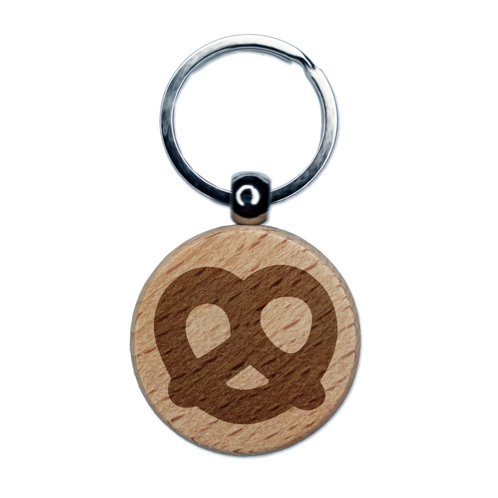 German Pretzel Solid Engraved Wood Round Keychain Tag Charm