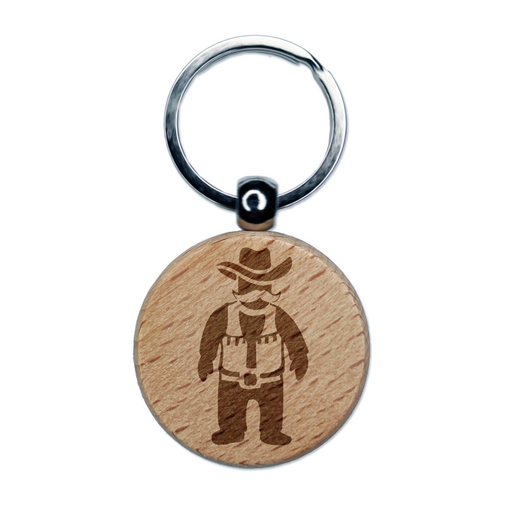 Cowboy Rancher with Mustache Hat and Vest Engraved Wood Round Keychain Tag Charm