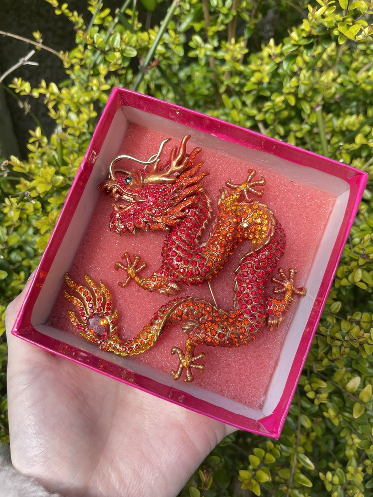 Vintage Butler & Wilson Large Crystal Red Dragon Brooch Signed Boxed