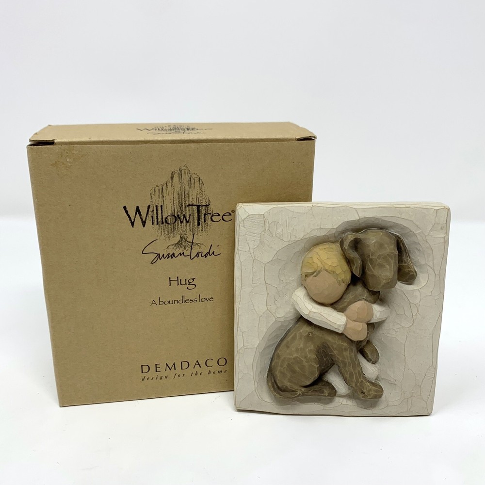 Willow Tree A Boundless Love Hugging Dog and Child Figurine 4x4 Plaque with Box 2003