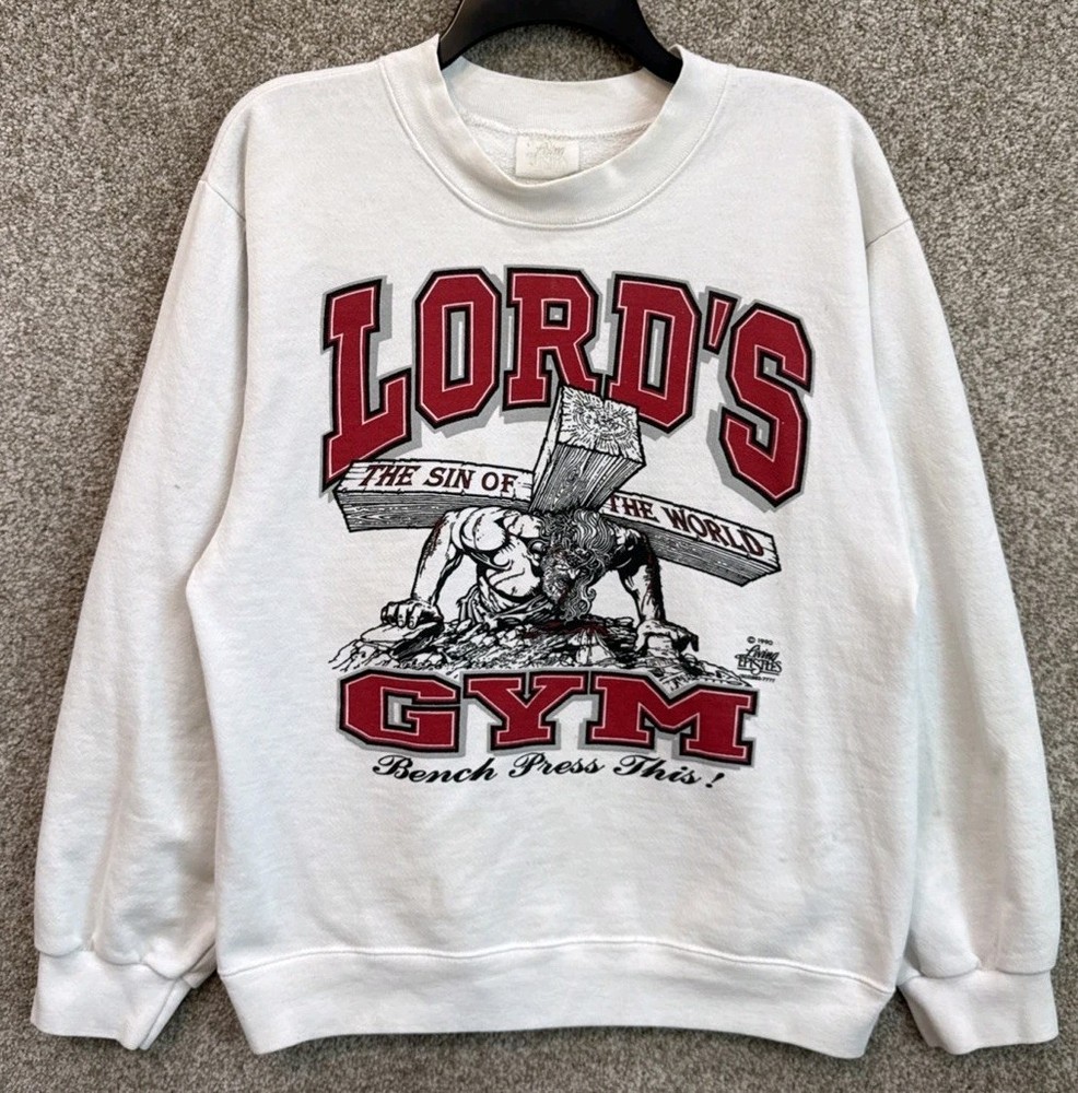 Vtg 90s Lords Gym Bench Press This Jesus Sweater God Christians Crewneck Large