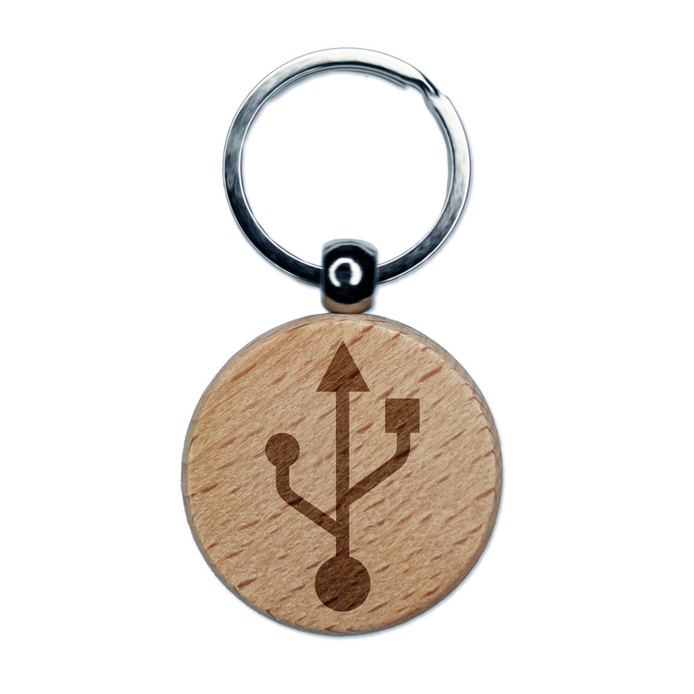 USB Symbol Engraved Wood Round Keychain Tag Charm