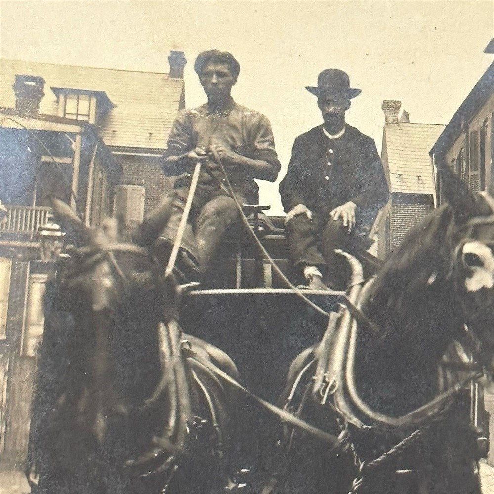 Antique RPPC Postcard Horse-Drawn Wagon Team Two Drivers Town Street Scene