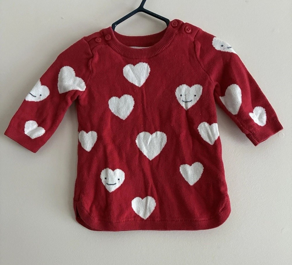 baby Gap Baby Girls Smiley Heart Print Knit Long Sleeve Sweater Dress Red 3-6M