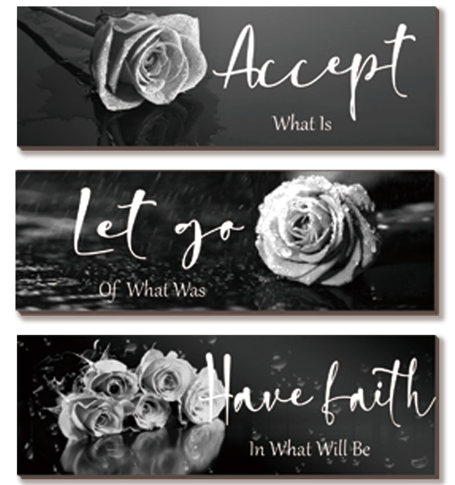 3 Pcs Black White Rose Wall Decor Inspirational Wooden Flower Wall Art White ...