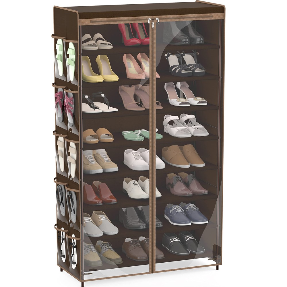 8-Tier Shoe Rack with Zipper Cover & Side Pockets - Brown by Simple Houseware