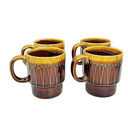 Vintage Japan Drip Glaze Coffee Mugs Set of 4 Brown Ochre Mid Century Modern 4in