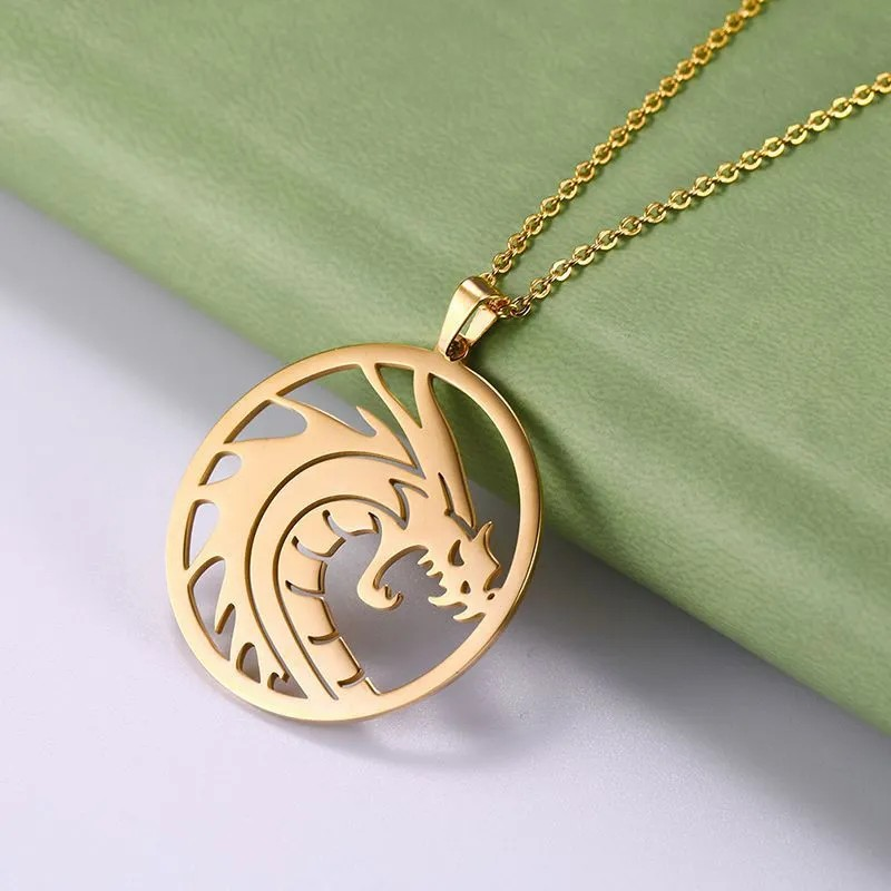 Gold Dragon Pendant Necklace – 52cm Chain, Circular Design
