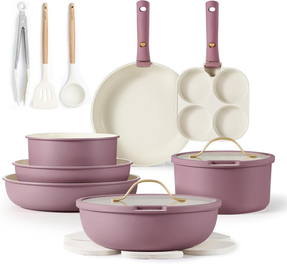 CAROTE 19pc Nonstick Cookware Set in Light Purple for Effortless Cooking