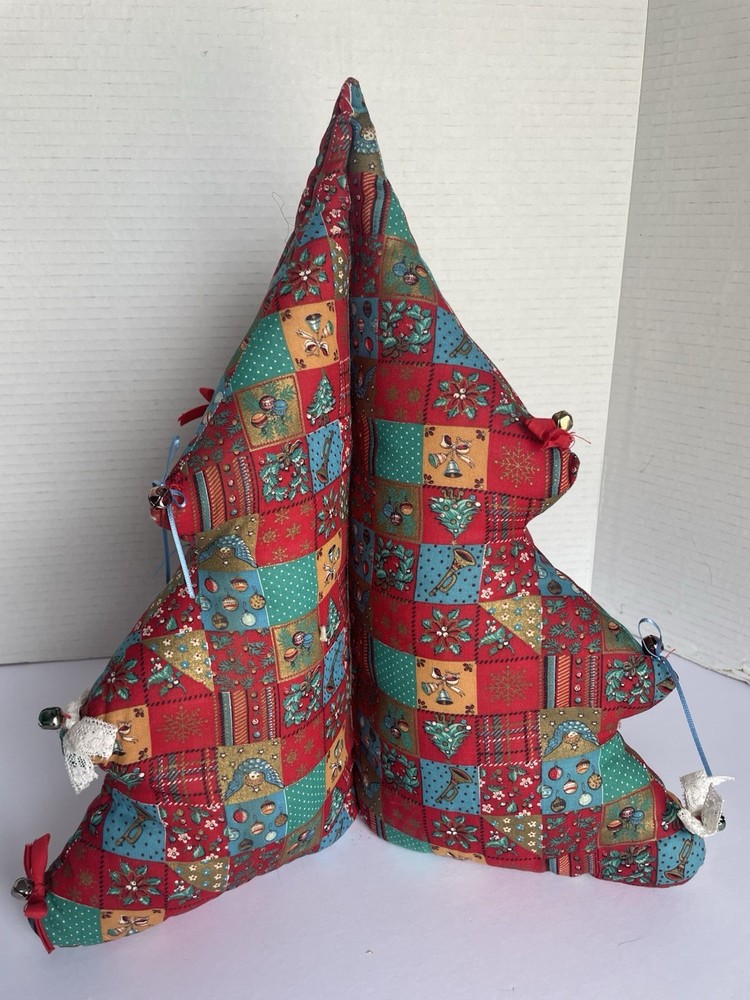 Vintage Fabric Christmas Tree Decor Plush Struggled 4 Sections Red Green 14x12