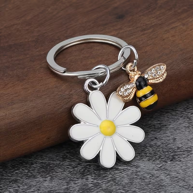 Metal Honey Bee & Daisy Charm Keyring Keychain Gift UK