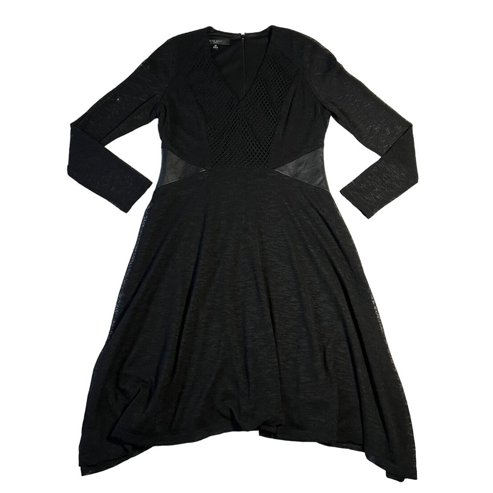 Nine West V-Neck Mesh Trim Faux Leather Panel A-Line Midi Dress Size 10 Witchy