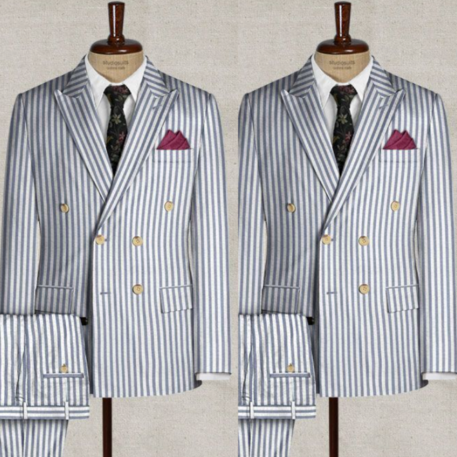 Men's Striped Peak Lapel Double Breasted Wedding Tuxedo Suit 2-Piece