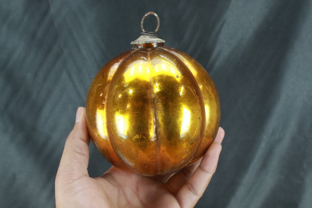 Goldish Yellow Pumpkin Kugel Ball - Rare Vintage Christmas Decorative Ornament