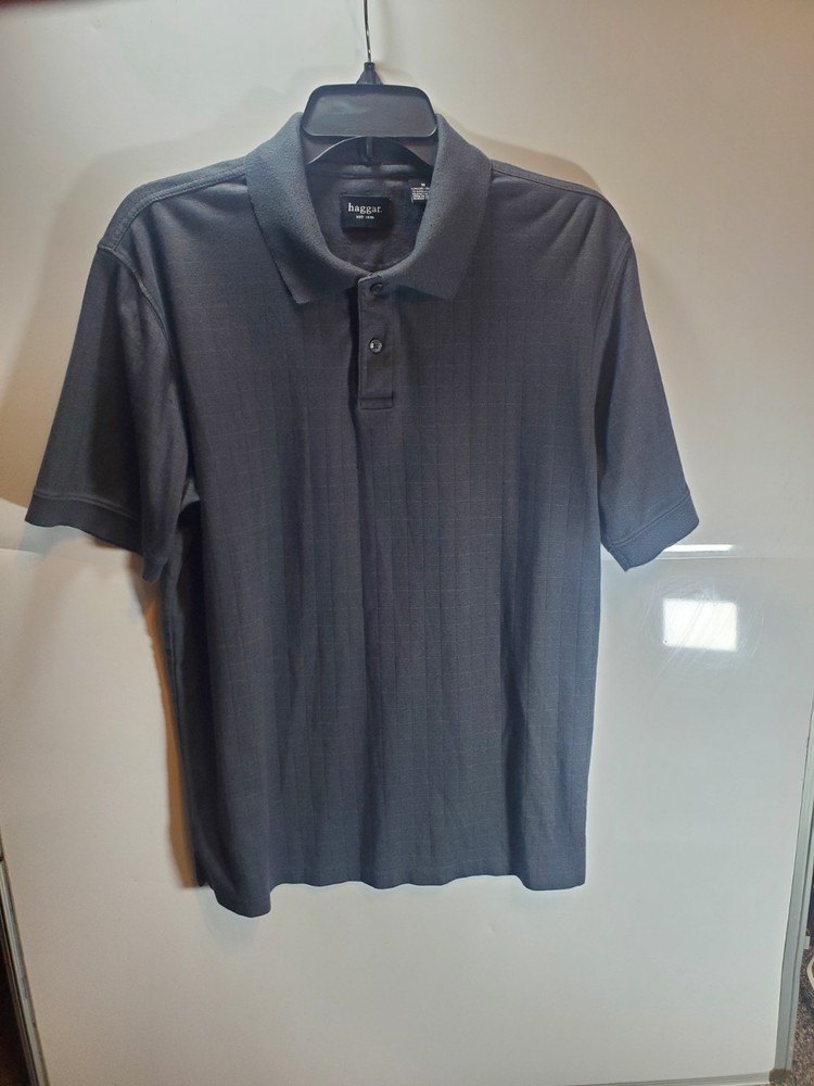 Haggar Polo Shirt Men's Size Medium Short Sleeve Plaid Casual Charcoal