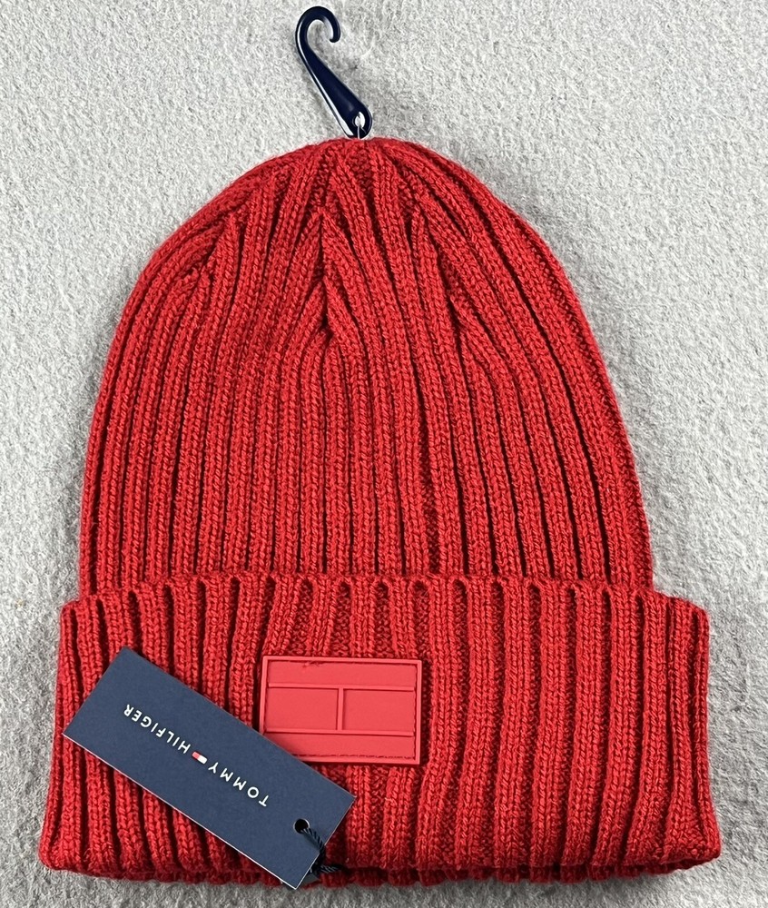 Tommy Hilfiger Mens Apple Red Ribbed Knit Beanie NWT New