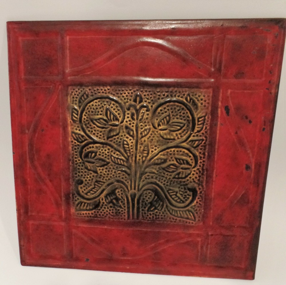 Vintage Style Hammered Metal Tile Wall Decor Red 12 Inch Square