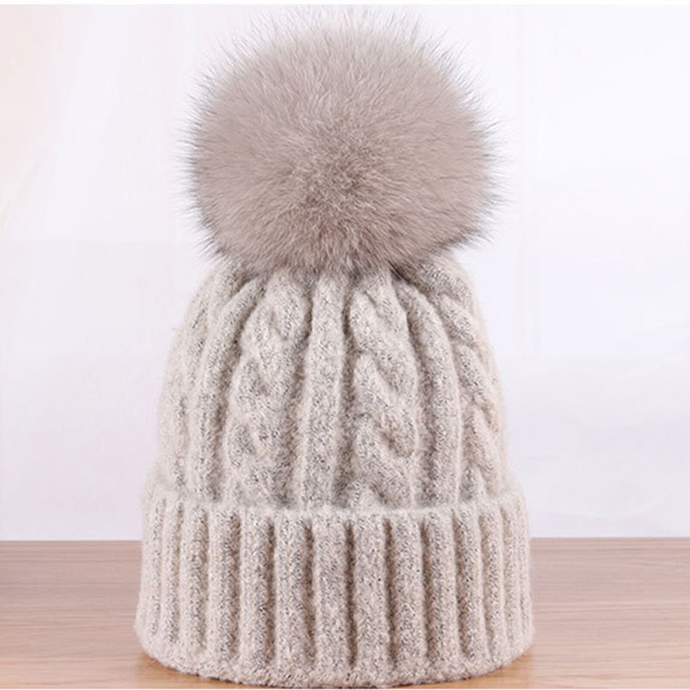 Women Cashmere Blend Knit Beanie Hat Fake Fox Fur Pompom Ears Winter Slouchy Cap